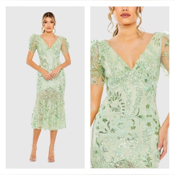 Mac Duggal Dresses & Skirts - Mac Duggal 68266 NWOT Green Puff Sleeve V Neck Floral Embellished Dress